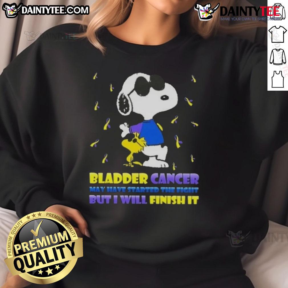 Awesome Snoopy X Woodstock Bladder Cancer May Have Started The Fight But I Will Finish It Sweatshirt Alt Text: Awesome Snoopy X Woodstock sweatshirt promoting bladder cancer awareness with inspiring message to fight.