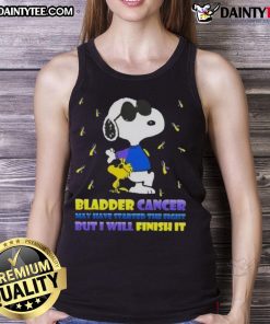 Awesome Snoopy and Woodstock tank top for bladder cancer awareness, featuring a motivational quote about fighting cancer.