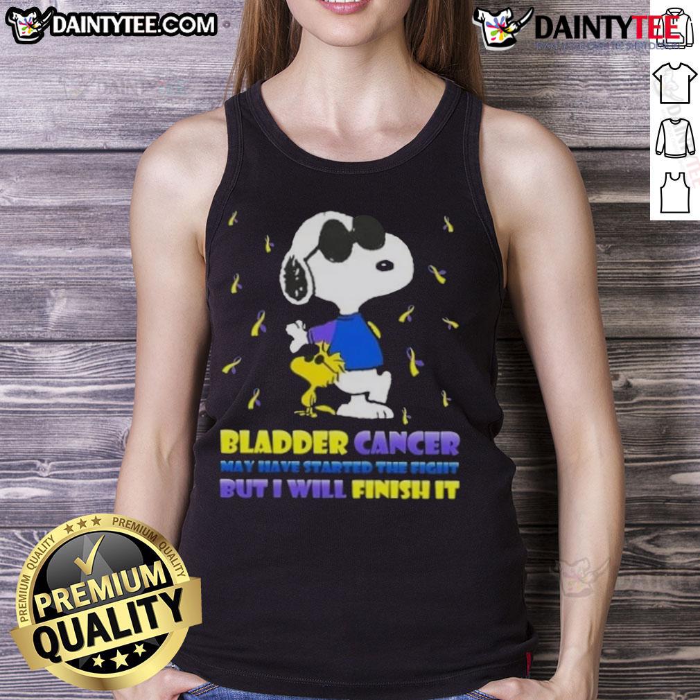 Awesome Snoopy X Woodstock Bladder Cancer May Have Started The Fight But I Will Finish It Tank Top Awesome Snoopy and Woodstock tank top for bladder cancer awareness, featuring a motivational quote about fighting cancer.