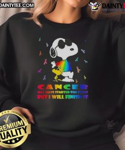 Alt Text: Awesome Snoopy x Woodstock sweatshirt featuring 'Cancer may have started the fight, but I will finish it' design.