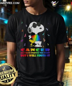 Alt Text: Awesome Snoopy X Woodstock cancer awareness t-shirt showcasing a motivational message about fighting cancer.