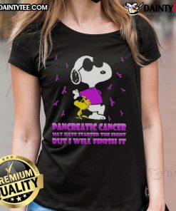 Awesome Snoopy x Woodstock pancreatic cancer ladies tee, inspiring message to fight and overcome challenges.
