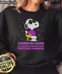 Alt Text: Awesome Snoopy X Woodstock sweatshirt for pancreatic cancer awareness, featuring empowering message to finish the fight.
