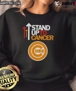 Alt Text: Awesome Stand Up to Cancer Chicago Cubs baseball sweatshirt featuring team colors and logo, perfect for fans.