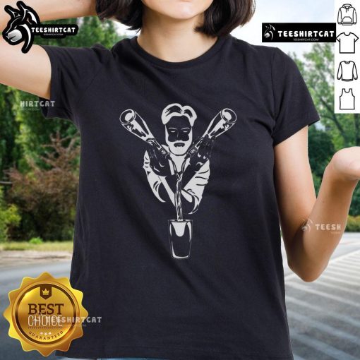 Stylish bartender pouring a drink for a lady, showcasing the Awesome Stylish Bartender Pouring Ladies Tee design.