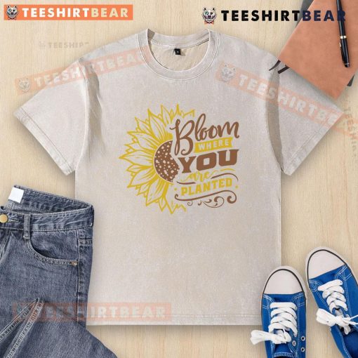 Awesome sunflower bloom design on a washed t-shirt, perfect for expressing positivity wherever you are planted.