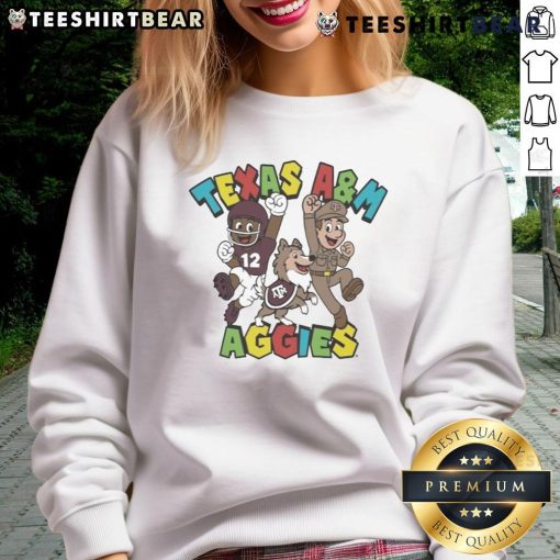 Awesome Texas A&M Aggies Character Trio Super Mario sweatshirt featuring vibrant graphics and cozy design.