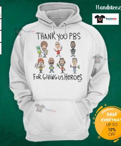 Awesome Thank You PBS for Giving Us Heroes Hoodie displayed on a hanger, showcasing its vibrant design and cozy fabric.