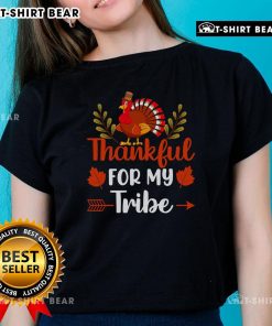 Awesome Thankful For My Tribe Thanksgiving Turkey Ladies Tee featuring a festive turkey design, perfect for holiday celebrations.