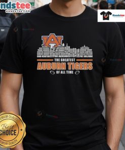 Awesome Auburn Tigers skyline T-shirt featuring 'Greatest Of All Time' names, perfect for fans and city lovers.