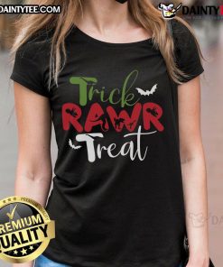 Awesome Trick RAWR Treat Dinosaur Halloween Ladies Tee featuring a playful dinosaur design perfect for Halloween festivities.