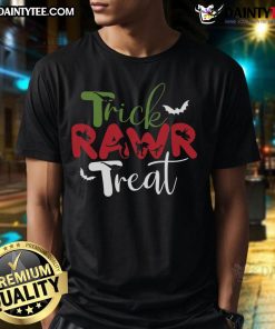 Awesome Trick Rawr Treat Dinosaur Halloween T-Shirt featuring a playful dino graphic perfect for spooky celebrations.