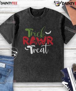 Awesome Trick RAWR Treat Dinosaur Halloween T-Shirt in vibrant colors, perfect for festive celebrations and costume parties.