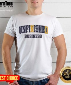 Alt Text: Awesome Unfinished Business Notre Dame Fighting Irish T-Shirt featuring team logo and bold graphic design.