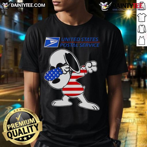 Alt Text: Awesome USPS Snoopy dabbing T-shirt featuring a playful Snoopy design, perfect for fans of Peanuts and unique apparel.