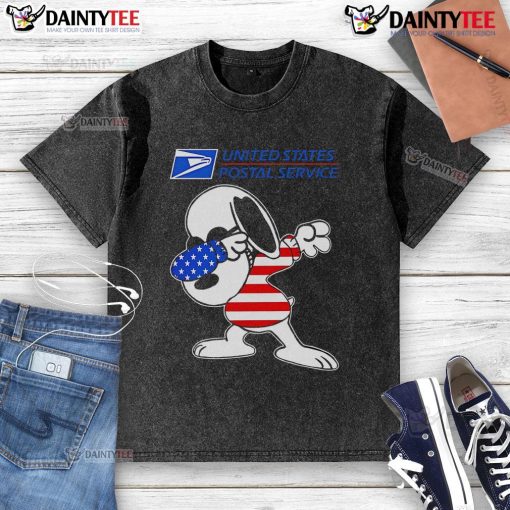 Awesome USPS Snoopy dabbing graphic on a washed t-shirt, perfect for fans of vintage cartoon apparel.