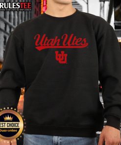 Alt Text: Vintage Utah Utes football wordmark logo sweatshirt featuring bold red and white design for fans and collectors.