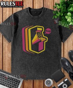 Awesome vintage arcade stripes washed t-shirt featuring retro graphics and a comfortable fit for gamers and nostalgia lovers.