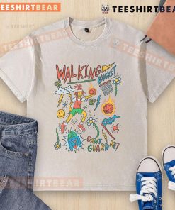 Alt Text: Colorful basketball art on a washed t-shirt featuring the phrase Awesome Walking Bucket Can't Guard Me.