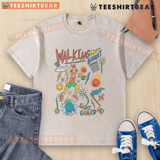 Alt Text: Colorful basketball art on a washed t-shirt featuring the phrase Awesome Walking Bucket Can't Guard Me.
