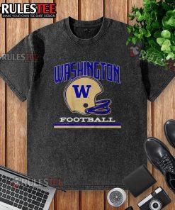 Alt Text: Vintage Washington Huskies football helmet graphic on a washed t-shirt, perfect for fans of the team.