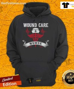 Awesome wound care nurse hoodie featuring caduceus symbol, nurse hat, and heartbeat design for medical professionals.