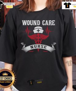Awesome wound care nurse tee featuring caduceus, nurse hat, and heartbeat design, perfect for healthcare professionals.
