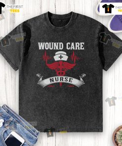 Awesome wound care nurse t-shirt featuring caduceus symbol, nurse hat, and heartbeat design for healthcare professionals.