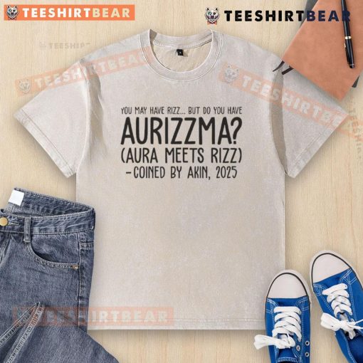 Washed t-shirt featuring 'Aurizzma' and 'Rizz' design, showcasing a trendy style for 2025 fashion enthusiasts.