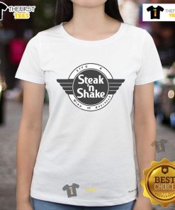 Awesomesteak-N-Shake logo on a stylish ladies tee, perfect for casual dining and food lovers.