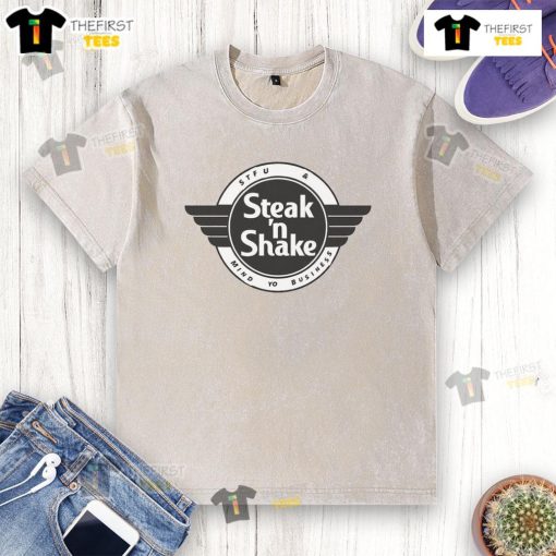 Awesomesteak-N-Shake logo on a washed t-shirt, showcasing a trendy and casual style for food lovers.