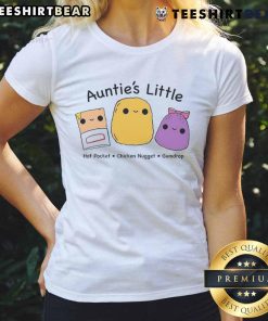 Alt Text: Cute Aunties Little Hot Pocket Chicken Nugget Gumdrop Ladies Tee featuring a fun design and vibrant colors.