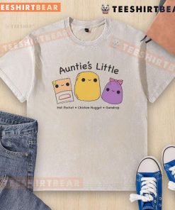 Alt Text: Cute auntie wearing a colorful 'Little Hot Pocket Chicken Nugget Gumdrop' washed t-shirt, smiling and playful.