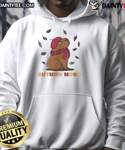 Adorable autumn mood capybara illustration on a cozy hoodie, perfect for fall fashion and animal lovers.