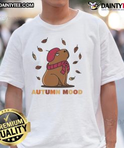 Alt Text: Cute autumn mood capybara illustration on a cozy t-shirt, perfect for fall fashion enthusiasts and animal lovers.