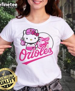 Cute Baltimore Orioles Hello Kitty 2025 baseball ladies tee, featuring a whimsical design perfect for fans.