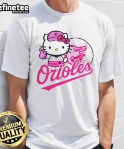 Alt Text: Cute Baltimore Orioles Hello Kitty 2025 baseball t-shirt featuring a playful design perfect for fans.