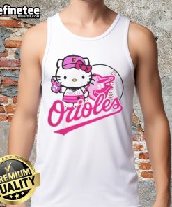 Alt Text: Cute Baltimore Orioles Hello Kitty 2025 baseball tank top featuring a playful design perfect for fans.