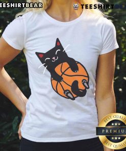 Alt Text: Cute basketball cat ladies tee featuring a playful feline dribbling a basketball, perfect for cat lovers and sports fans.