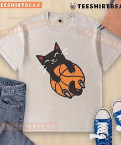 Adorable cat wearing a washed T-shirt with a basketball design, showcasing a playful and sporty vibe.
