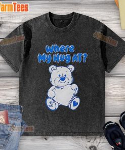 Cute bear heart graphic on 'Where My Hug At' washed t-shirt, perfect for cozy casual wear and animal lovers.