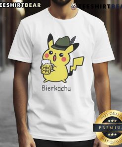 Alt Text: Cute Bierkachu Pikachu beer t-shirt featuring a playful Pikachu holding a beer mug, perfect for Pokmon fans.