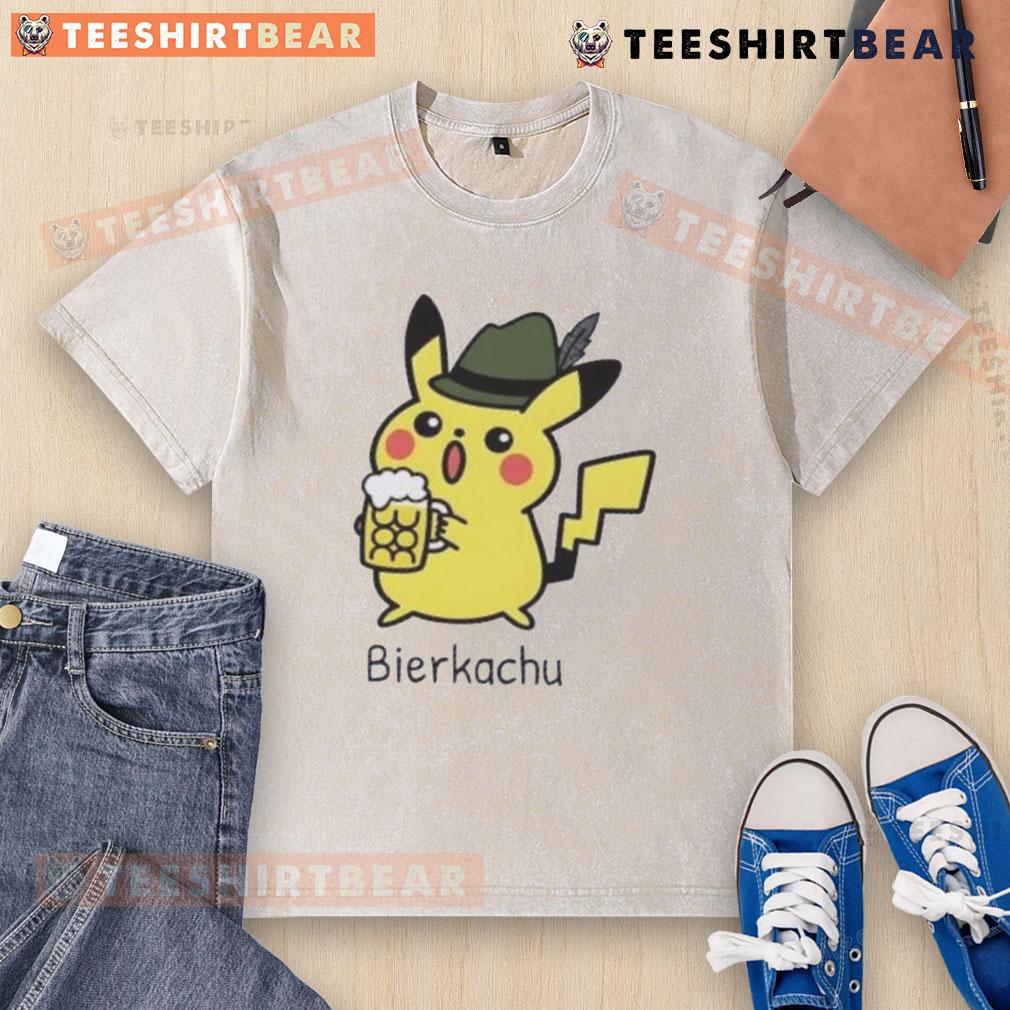 Cute Bierkachu Pikachu Beer Washed T Shirt Alt Text: Cute Bierkachu Pikachu beer-themed washed t-shirt featuring a playful design, perfect for Pokmon and beer lovers.