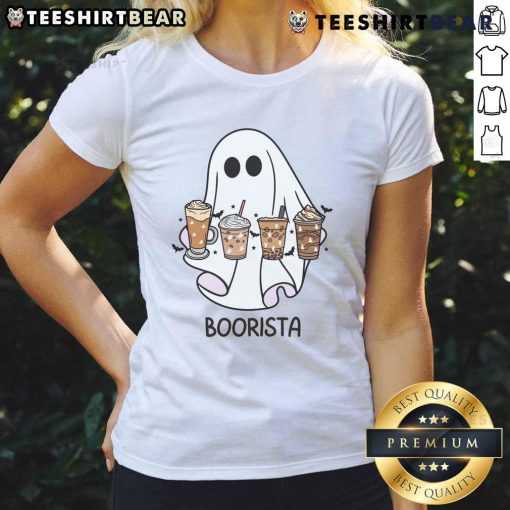 Cute Boorista Ghost Barista Ladies Tee featuring a playful ghost design, perfect for coffee lovers and casual wear.