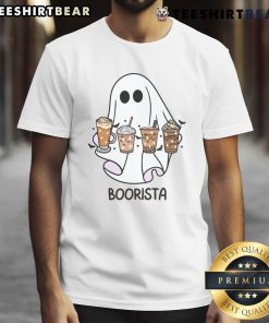 Adorable Cute Boorista Ghost Barista T-Shirt featuring a whimsical ghost design for coffee lovers.