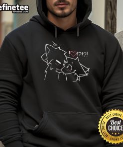 Adorable boy-kissing couple in matching hoodies, showcasing love and style in a cozy, vibrant setting.