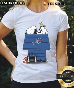 Cute Buffalo Bills football tee featuring Snoopy and Woodstock from The Peanuts, perfect for female fans.