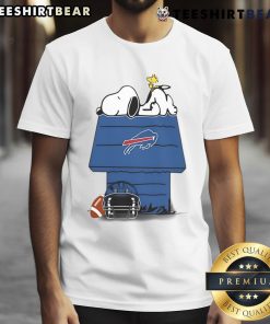 Alt Text: Cute Buffalo Bills Football Snoopy and Woodstock T-Shirt featuring Peanuts characters in team colors and logo.
