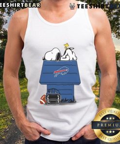 Alt Text: Cute Buffalo Bills football tank top featuring Snoopy and Woodstock from The Peanuts, perfect for game day.