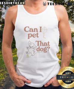 Adorable model wearing a 'Can I Pet That Dog?' tank top, showcasing a fun and playful pet-themed fashion statement.